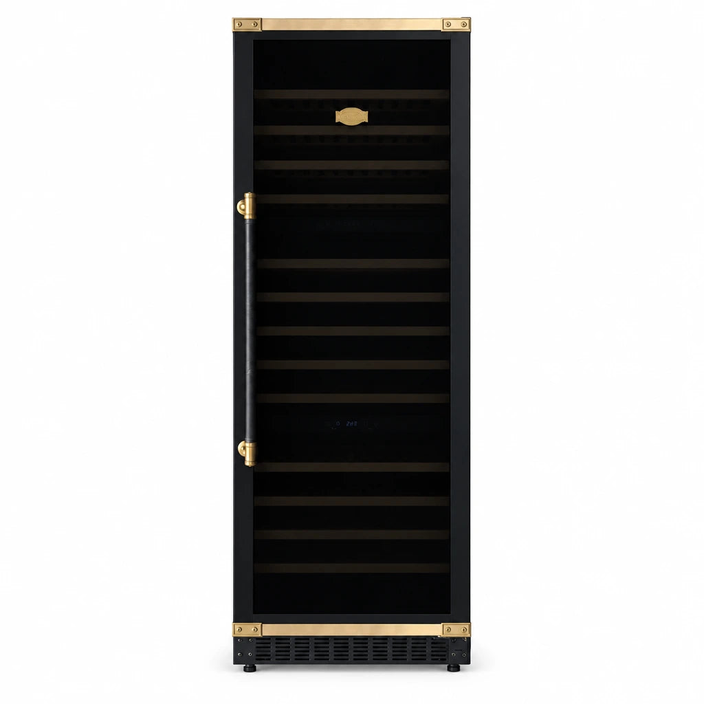 Kaiser Art Deco K 64833 AD black 3-zone wine cooler with gold trim shown closed on a white background.