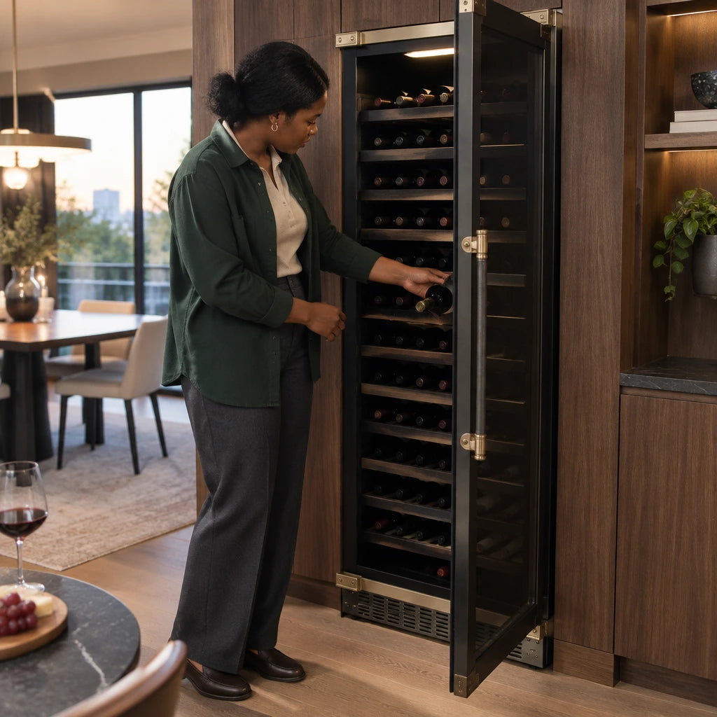 African American wine collector retrieving a bottle from the open Kaiser Art Deco 3-zone wine cooler in a home wine room.