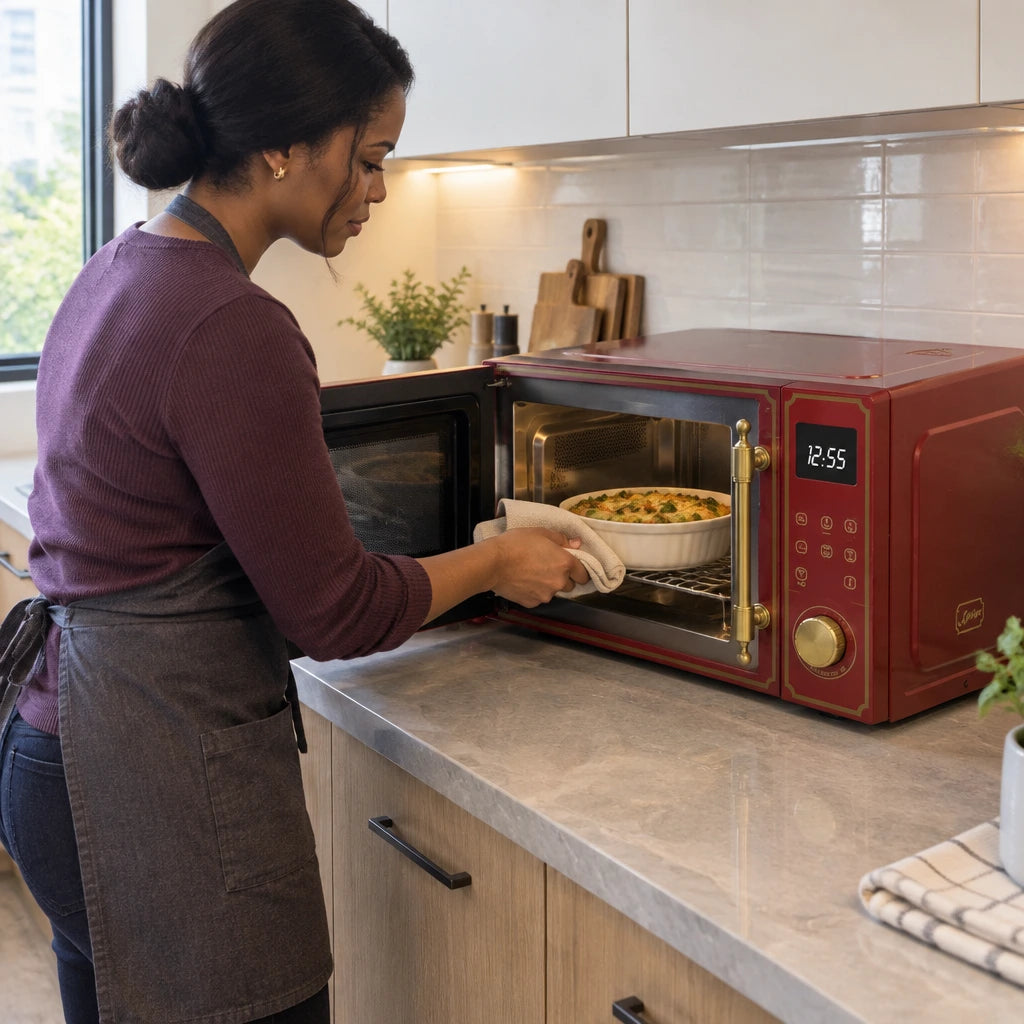 African American home cook loading a vegetable gratin onto the grill rack of a Bordeaux Red Kaiser Empire microwave