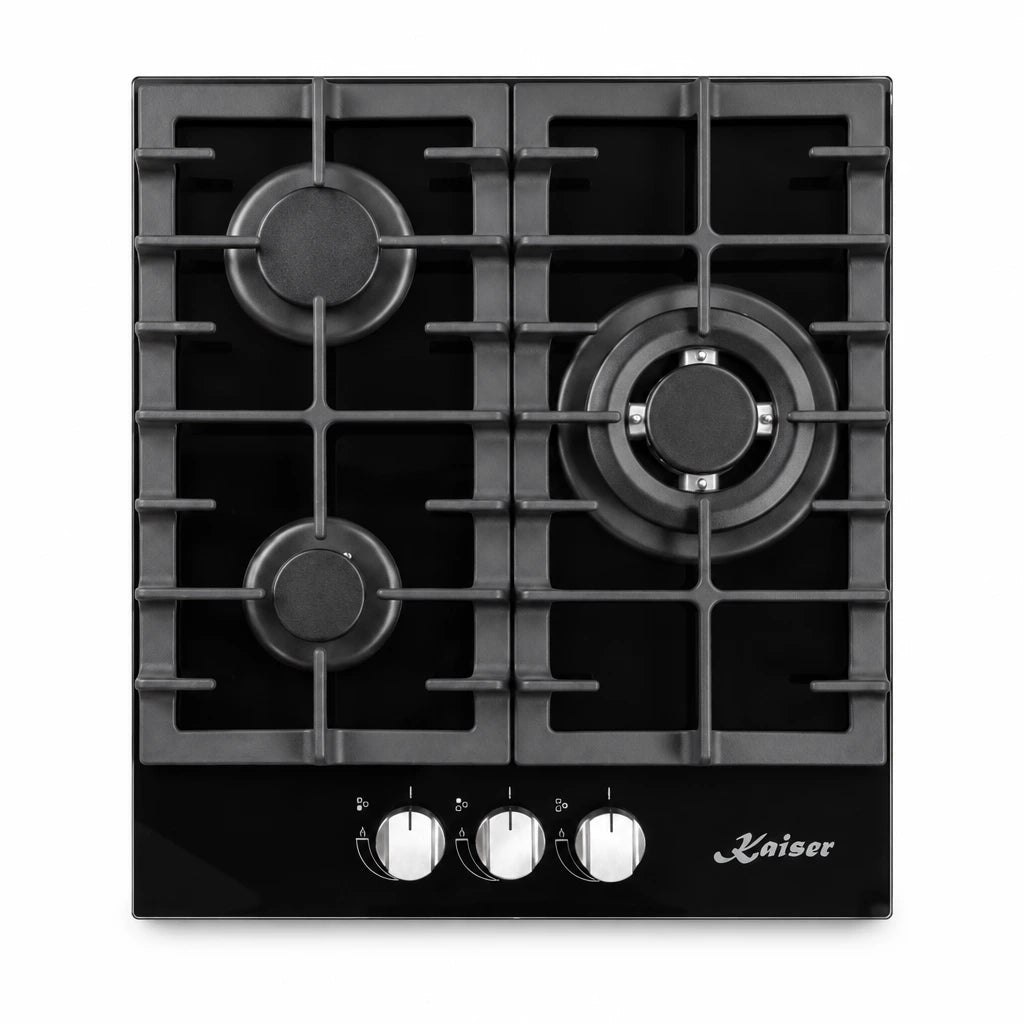 Kaiser Grand Chef 45cm black three-burner gas hob with metal controls on white background