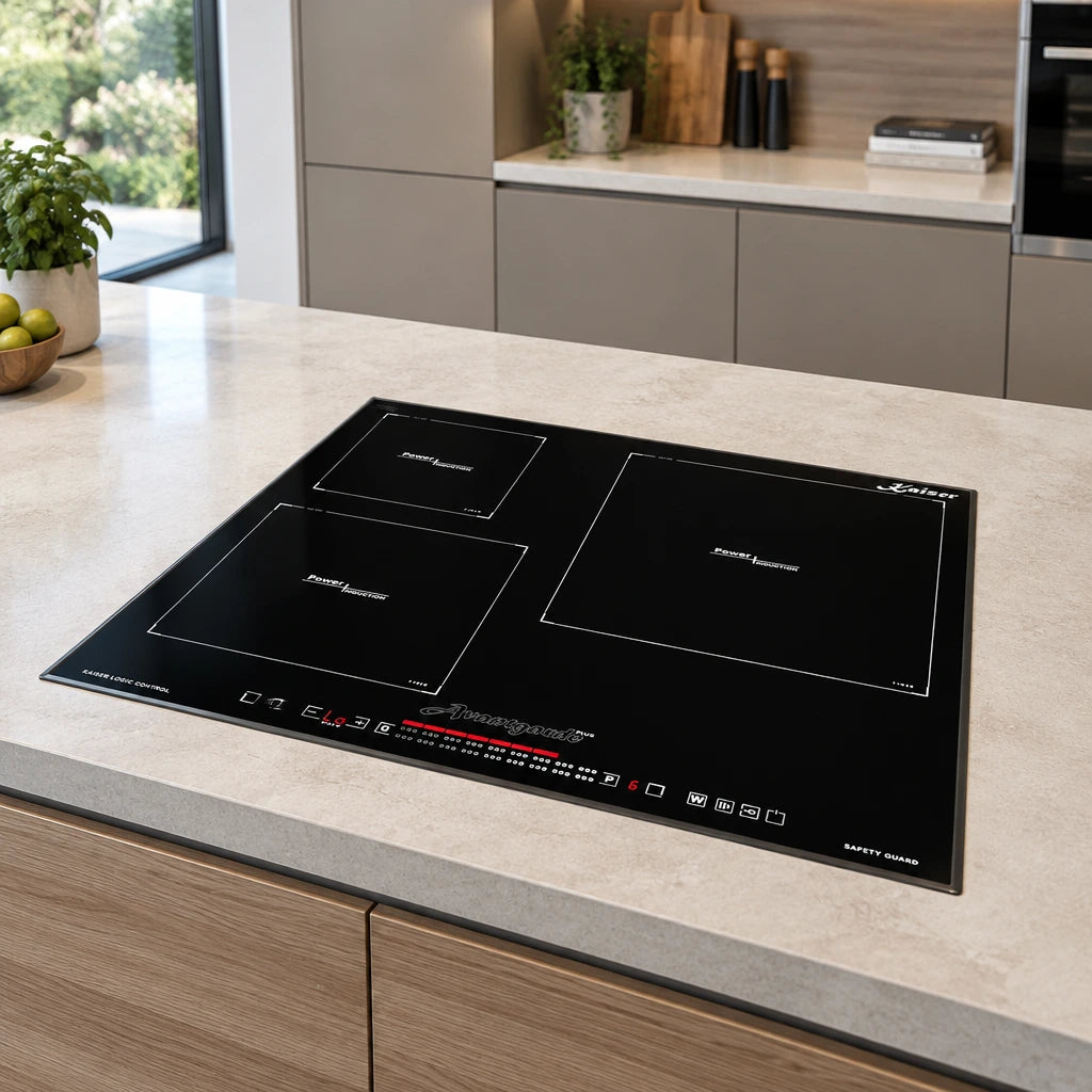 Kaiser three-zone black induction hob installed flush in a contemporary kitchen island before cooking