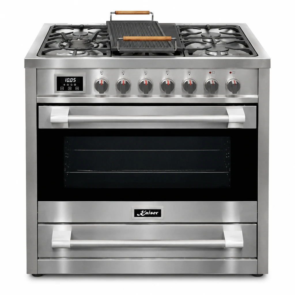 Kaiser Avantgarde Pro 90cm stainless steel and black freestanding gas cooker with five burners, rotary controls, digital display and large oven.