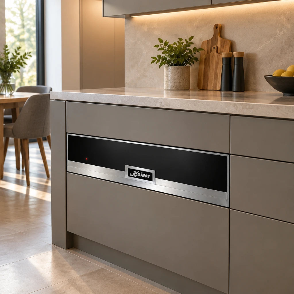 Kaiser La Perle built-in warming drawer installed beneath the worktop of a contemporary kitchen
