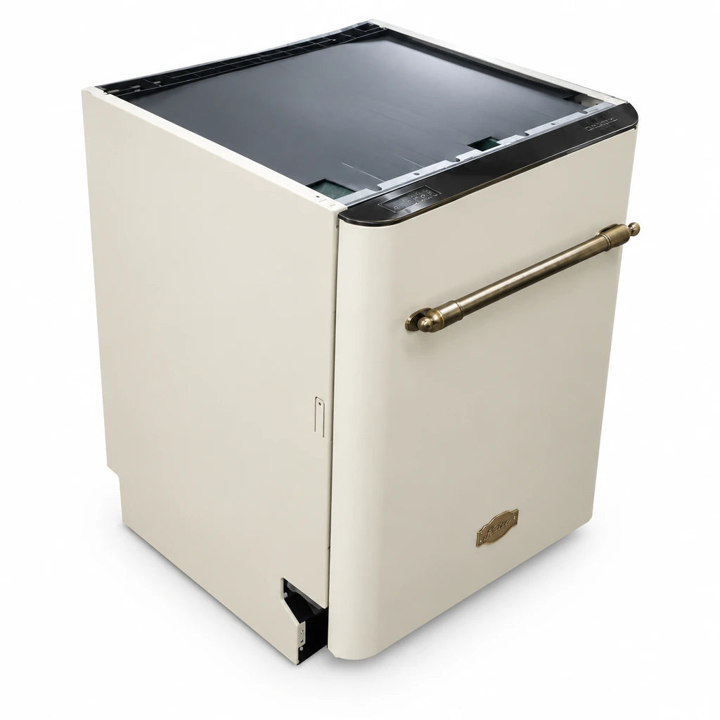Kaiser Empire ivory and black semi-integrated dishwasher with metallic handle shown on a white background.