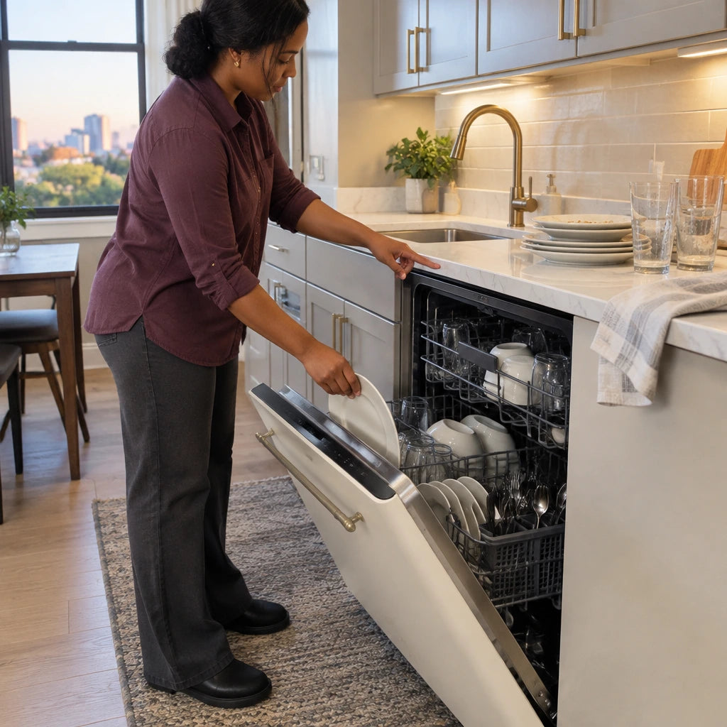 African American adult loading plates and glasses into an ivory and black Kaiser Empire dishwasher in a refined home kitchen.