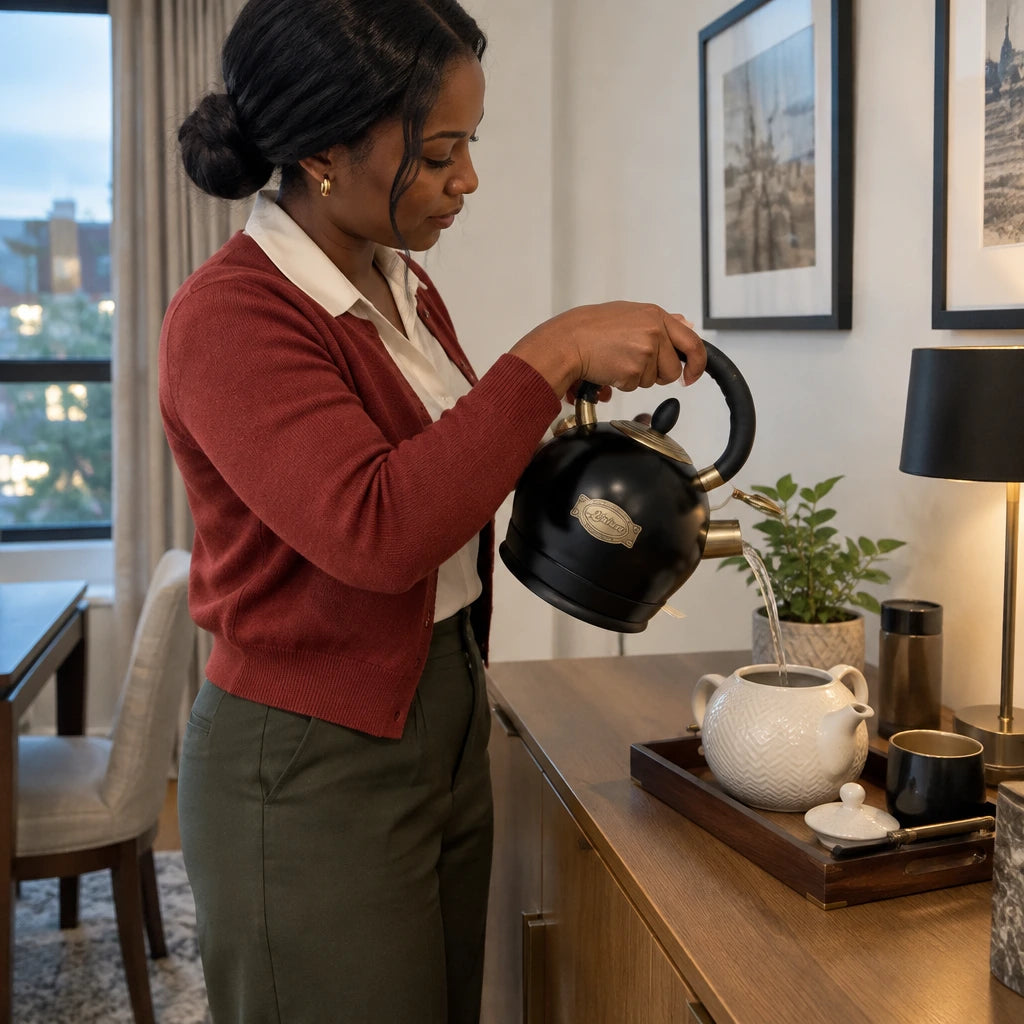 African American adult pouring hot water from a black Kaiser Empire electric kettle into a teapot at a home beverage station.
