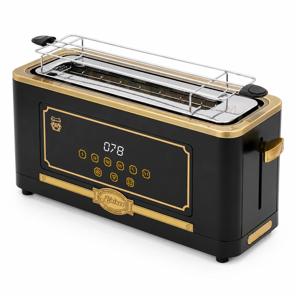Black Kaiser Empire Vintage 850W electric toaster with gold vintage trim and illuminated electronic controls on a white background.