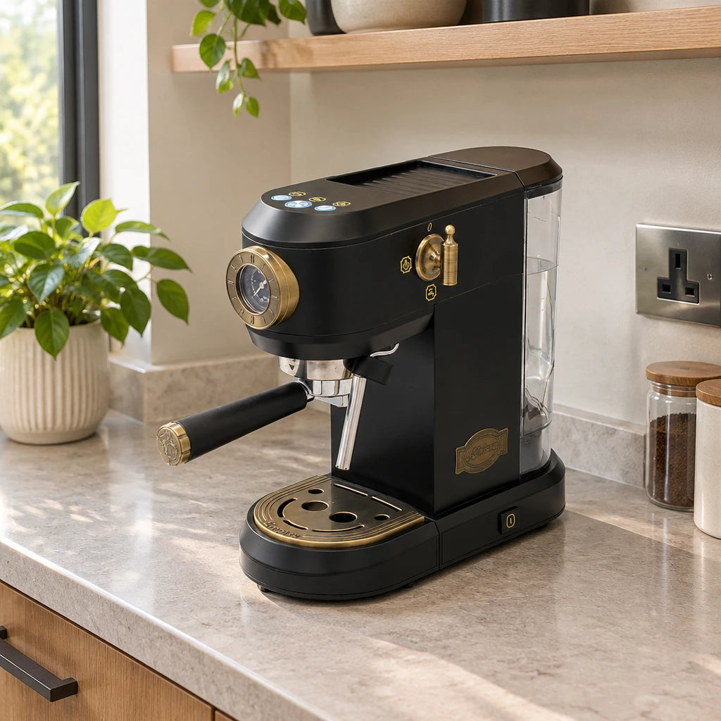 Kaiser Empire espresso machine resting on a refined home coffee counter at a dedicated coffee station