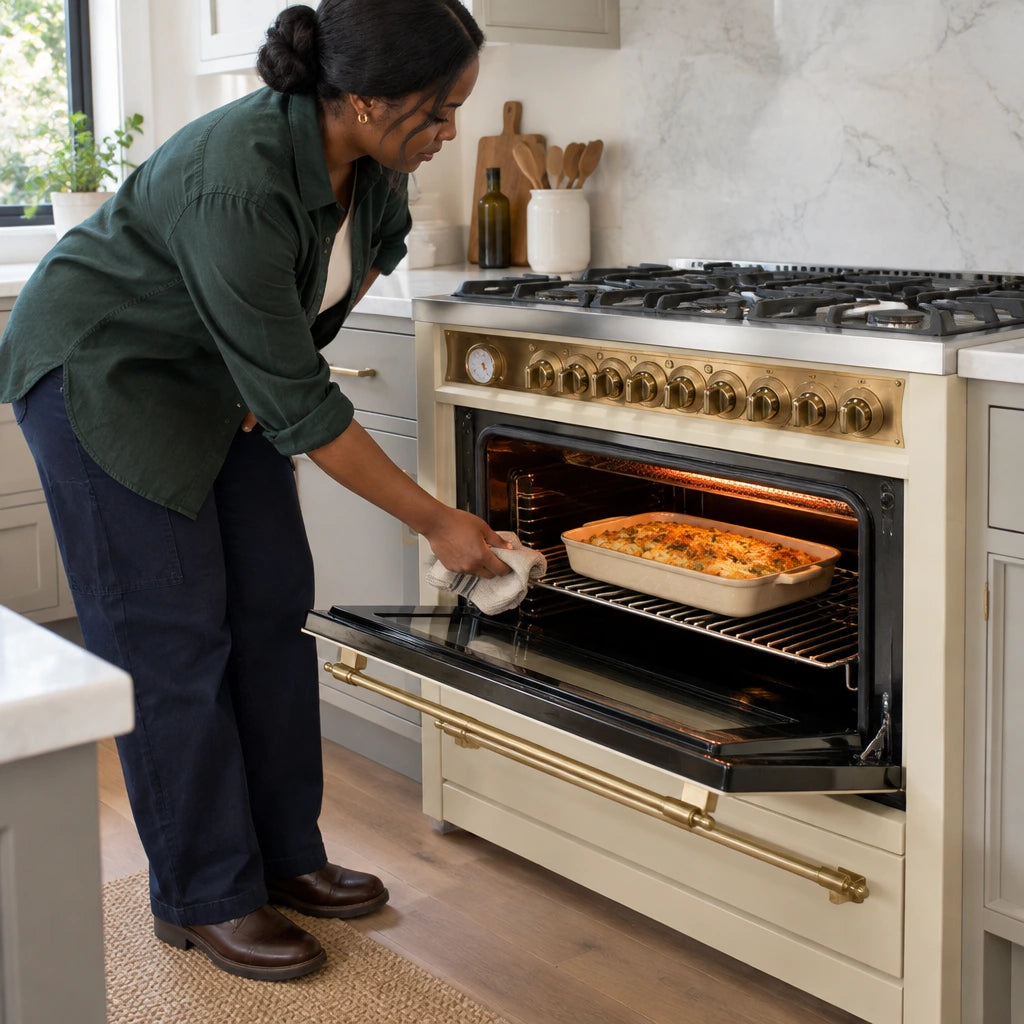 African American home cook using the Kaiser Empire range cooker’s electric infrared grill to brown a savoury dish.