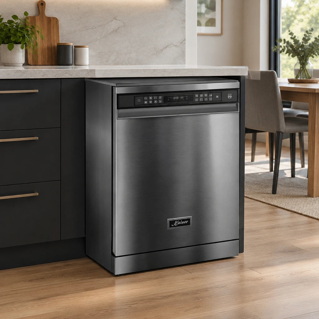 Kaiser black stainless steel freestanding dishwasher positioned in a contemporary home kitchen