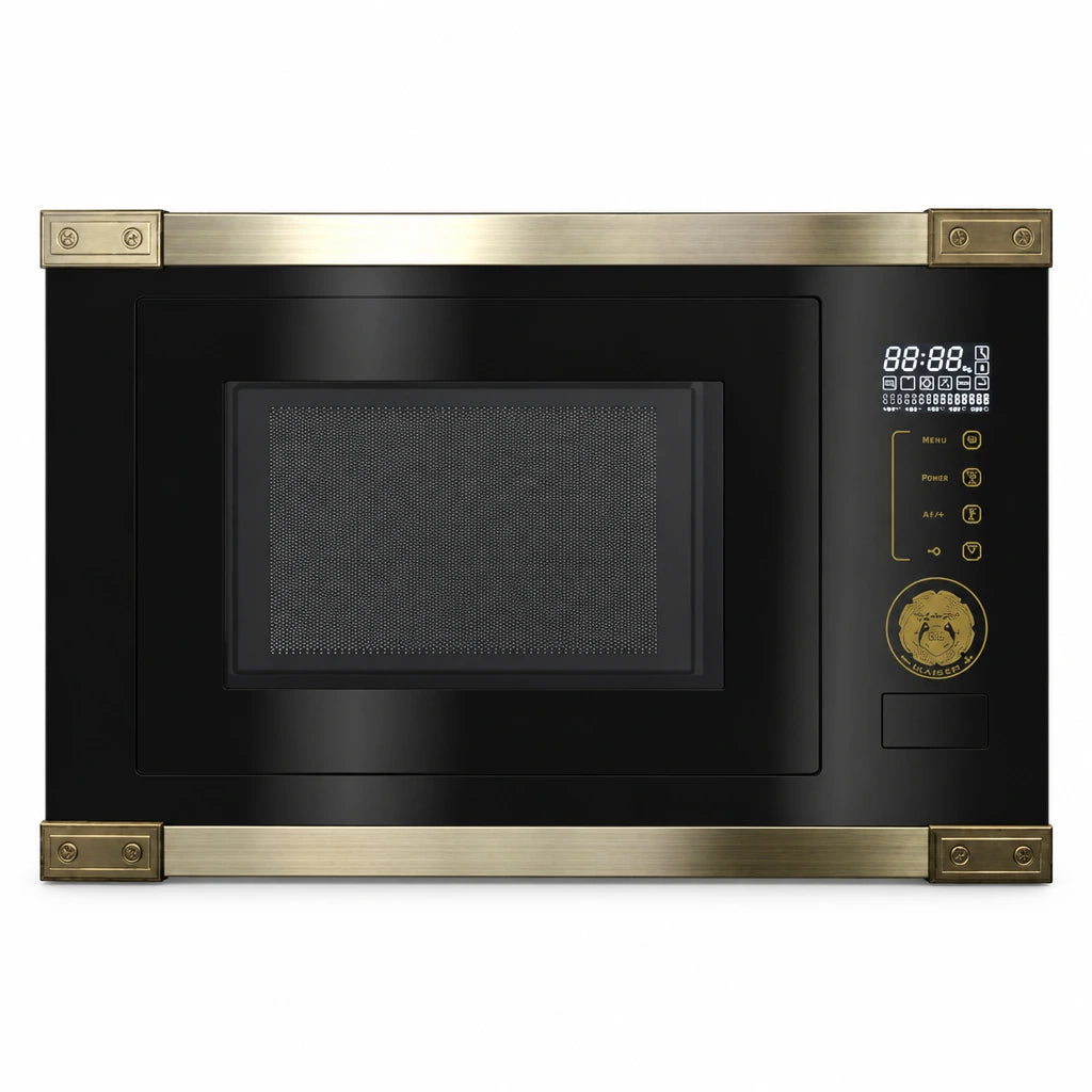 Black Kaiser Art Deco built-in microwave oven with light metallic trim and right-side digital controls on a white background.