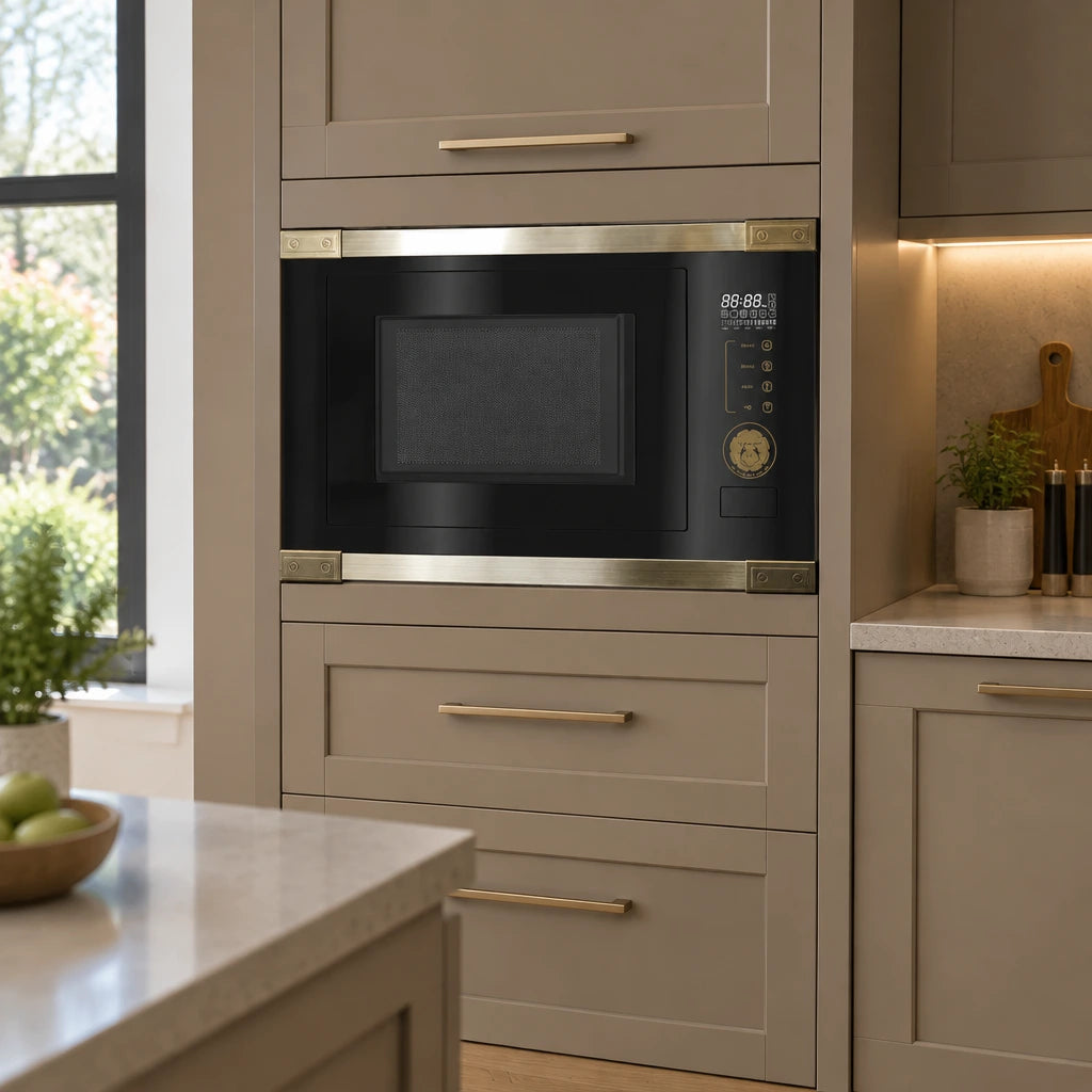 Black Kaiser Art Deco built-in microwave installed in a refined contemporary kitchen appliance tower.