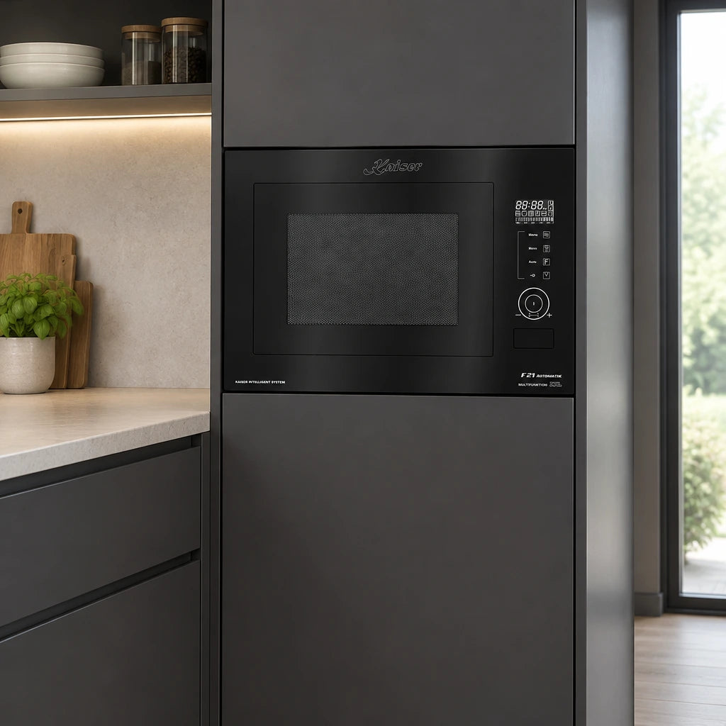 Black Kaiser built-in microwave installed in a contemporary apartment kitchen cabinet