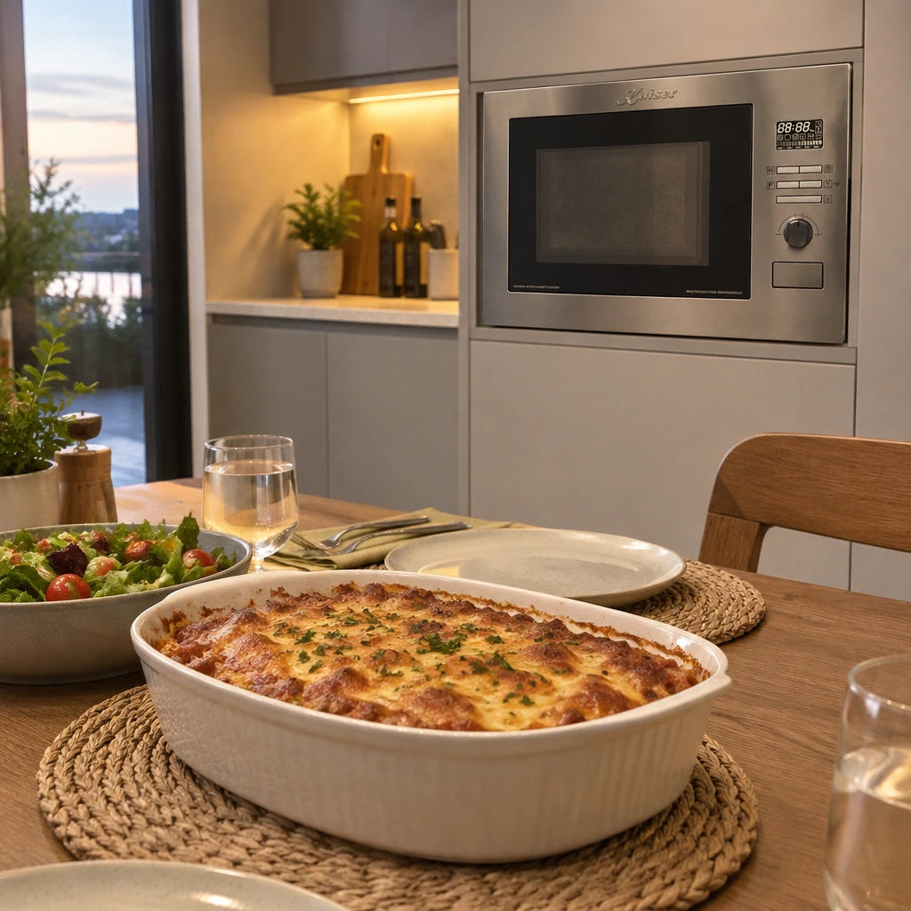 Finished browned meal served beside a contemporary kitchen with the Kaiser EM 2520 built-in stainless microwave visible in the background