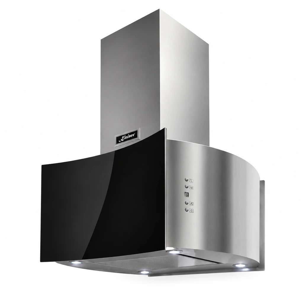 Kaiser Avantgarde Pro AI 7418 Eco 70cm black glass and stainless steel island cooker hood on white background.