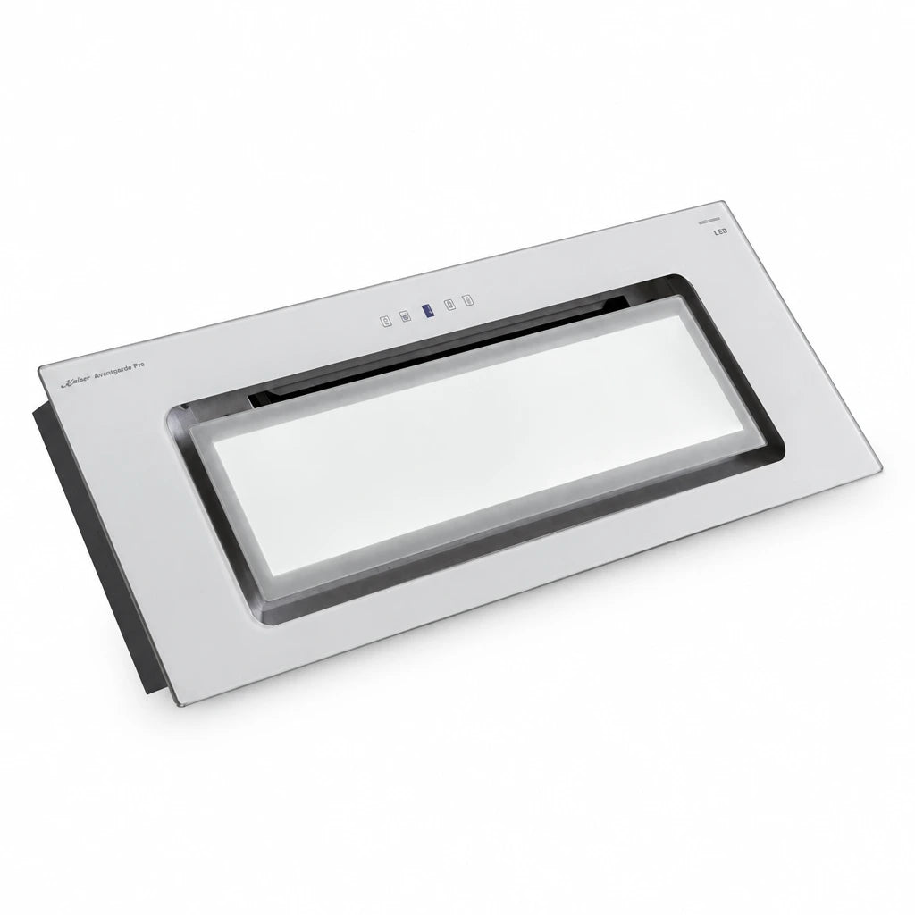 Kaiser Avantgarde Pro 90cm white glass and stainless-steel built-in cooker hood EA 946 W Eco on a white background.