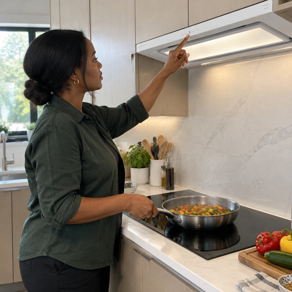 African American home cook using the Kaiser EA 946 W Eco cooker hood while sautéing vegetables in a modern kitchen.