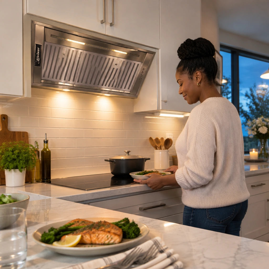 Finished meal and settled cooktop beneath the Kaiser stainless steel built-in cooker hood in a calm contemporary apartment kitchen.