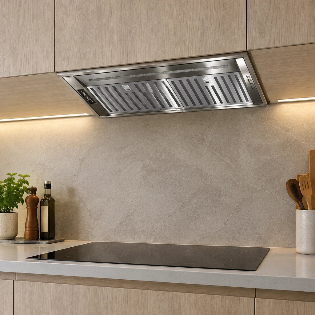 Kaiser 75cm stainless steel built-in cooker hood installed beneath kitchen cabinetry above a clean unused cooktop.