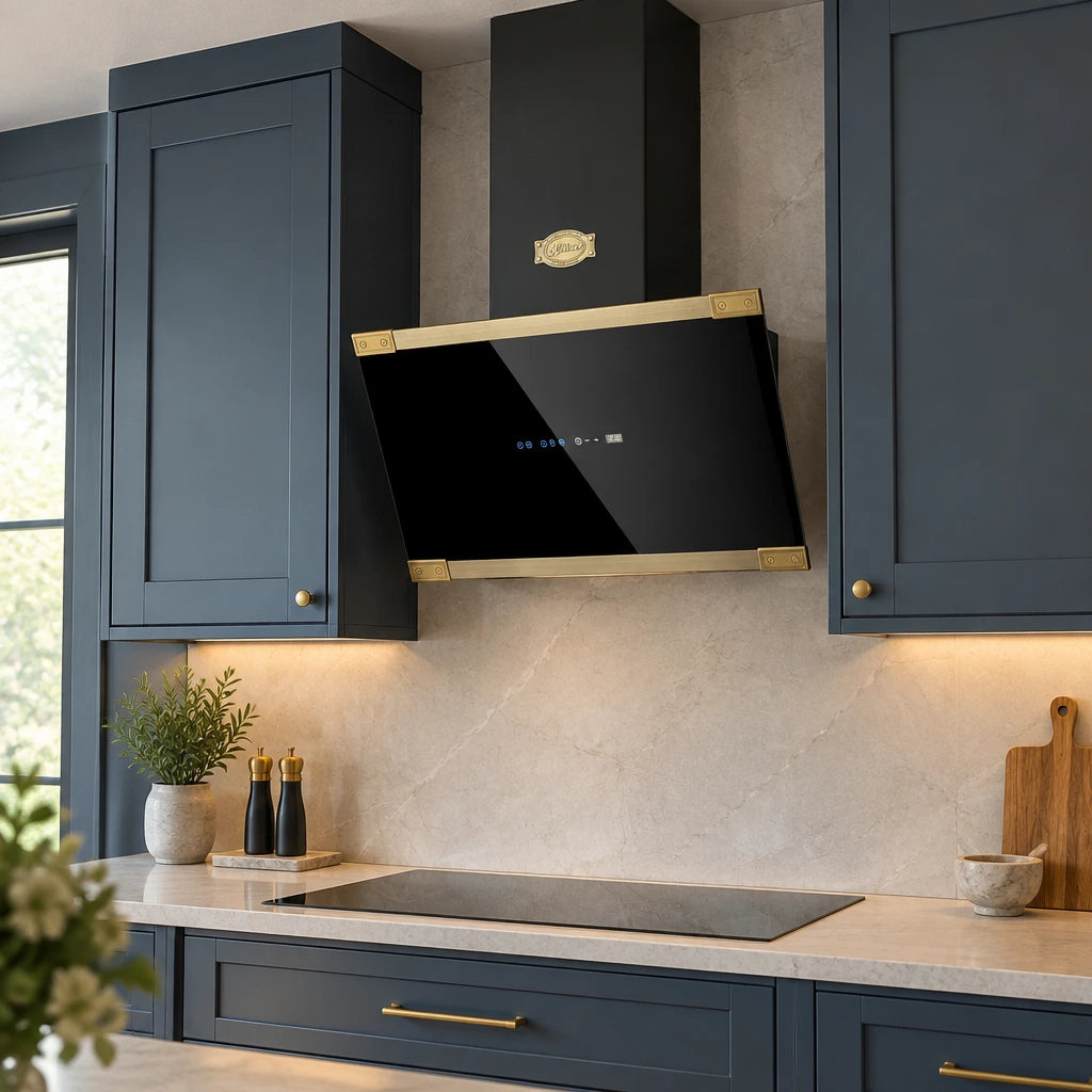 Black Kaiser Art Deco chimney hood installed above a refined contemporary kitchen cooking area