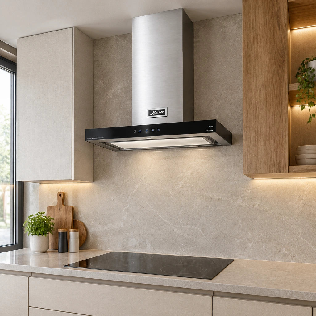 Kaiser AT 6433 Eco stainless chimney hood installed above a clean cooktop in a contemporary apartment kitchen