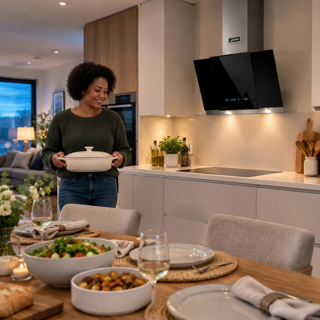 Settled open-plan kitchen with a finished meal and Kaiser black glass cooker hood after cooking