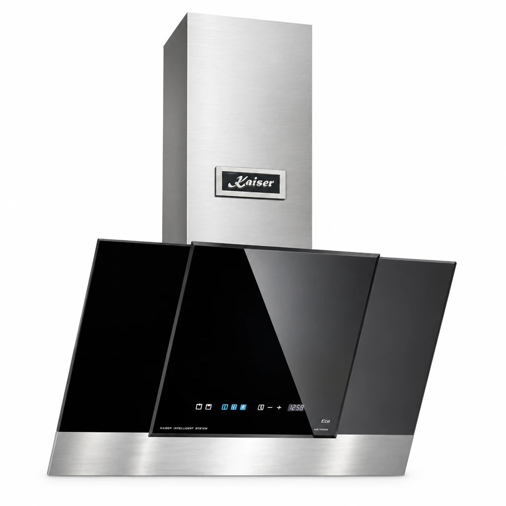 Kaiser Grand Chef AT 6438 F Eco 60cm angled cooker hood with black bevelled glass and stainless-steel finish on white