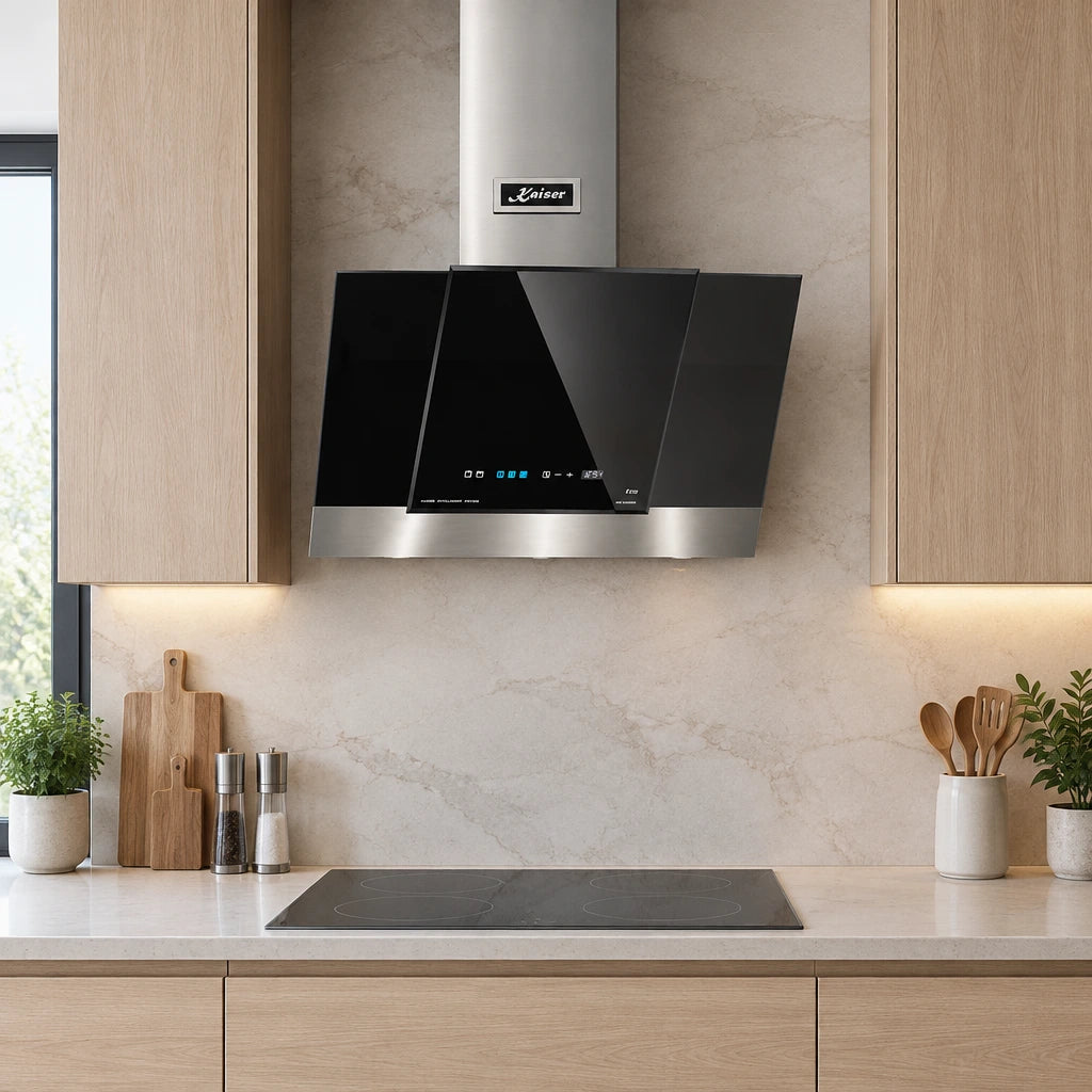 Kaiser 60cm black glass angled cooker hood installed above a cooktop in a contemporary apartment kitchen