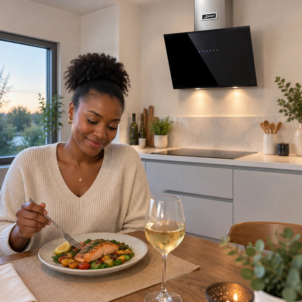 Finished meal in a calm contemporary dining area with the Kaiser AT 6488 Eco cooker hood visible above the cleared kitchen hob.