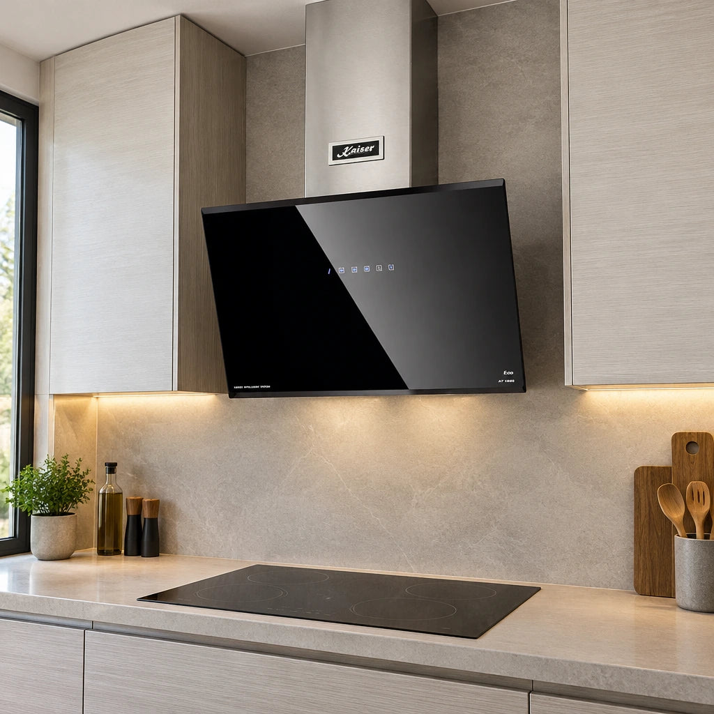 Kaiser AT 6488 Eco black-glass angled cooker hood installed above a hob in a contemporary apartment kitchen.