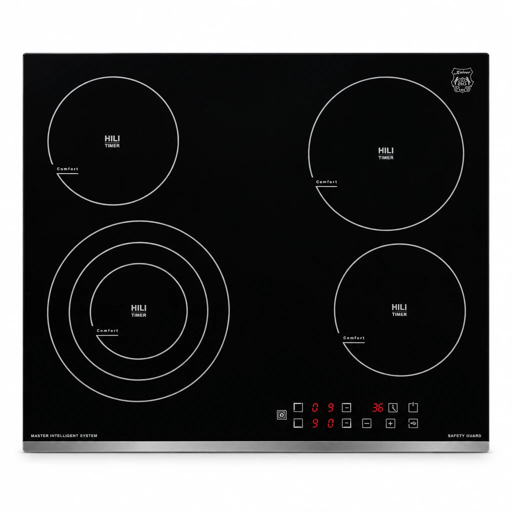 Kaiser Grand Chef 60cm black glass ceramic hob KCT 6703 F with four cooking zones and front sensor controls on white background.