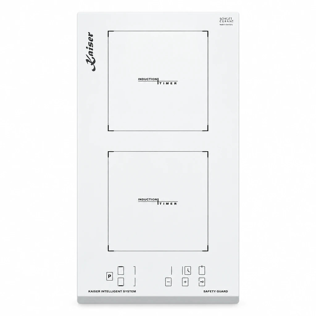 White Kaiser Grand Chef 30cm Domino induction hob with two cooking zones and front sensor controls on a clean studio background.