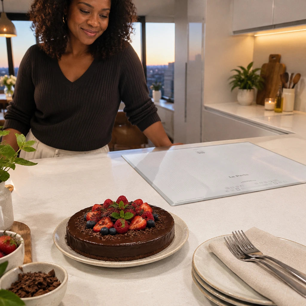 Finished chocolate dessert ready to serve beside a clean white Kaiser La Perle induction hob in a contemporary kitchen.