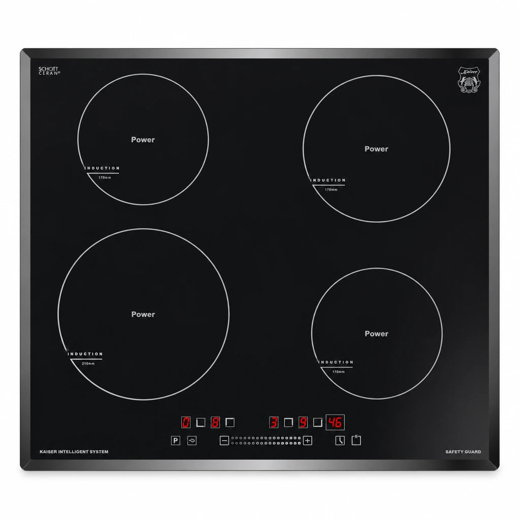 Kaiser Grand Chef KCT 6705 FI black 60cm induction hob with four QuickHeat cooking zones and touch controls on a white background.