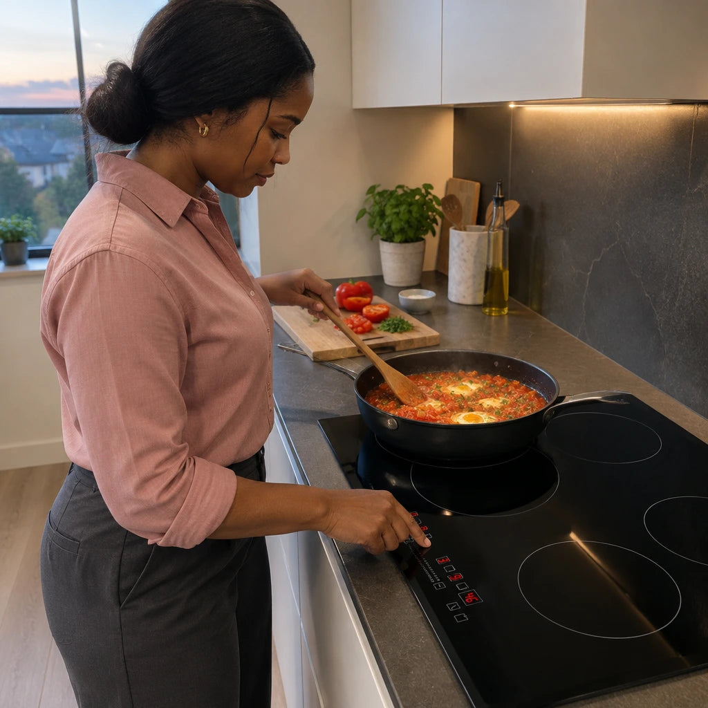 African American home cook adjusts the Kaiser four-zone induction hob while preparing a one-pan tomato and pepper dish.