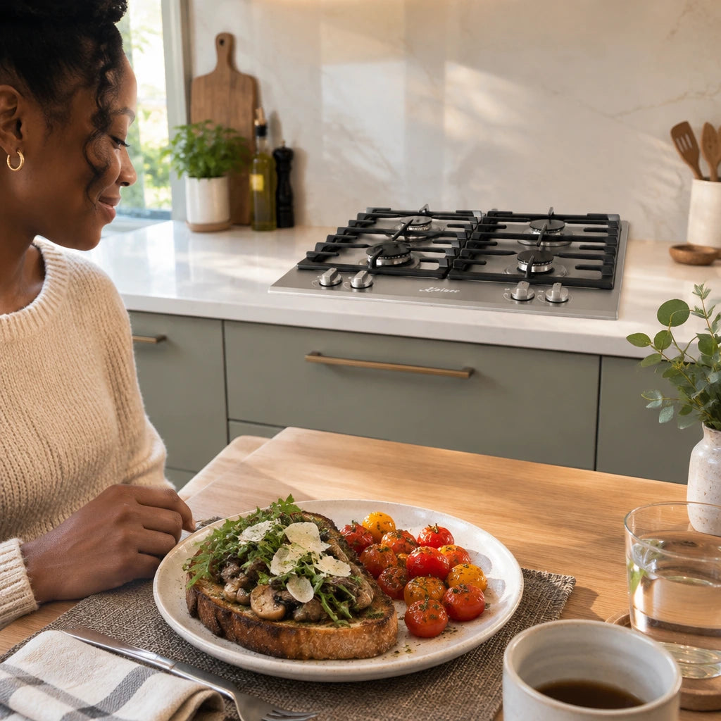 Finished brunch sits ready beside the switched-off Kaiser white and black four-burner gas hob in a contemporary kitchen.