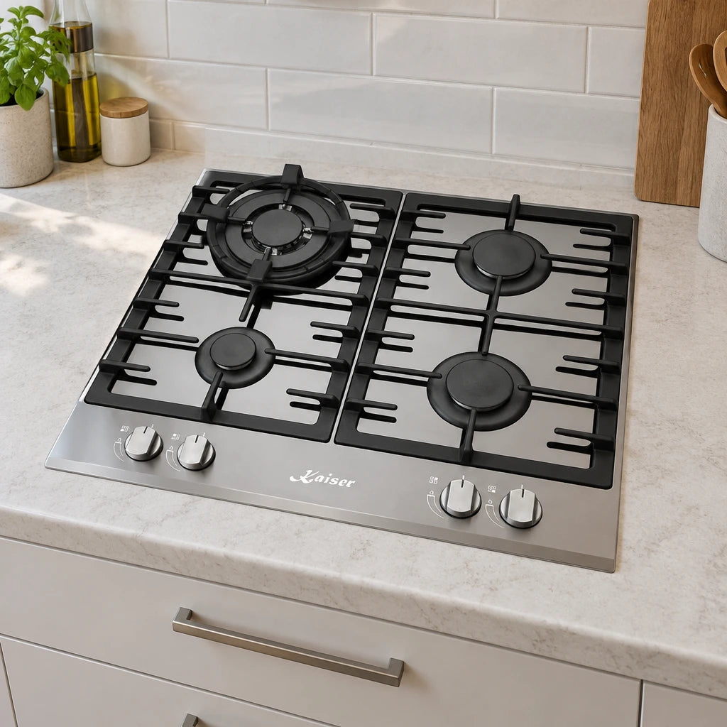 White and black Kaiser four-burner gas hob fitted into a contemporary apartment kitchen worktop.