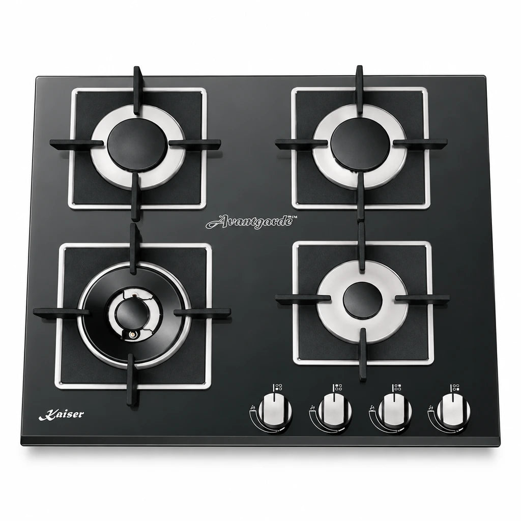 Kaiser KCG 6382 Turbo black glass four-burner gas hob with cast-iron supports and front controls on a white background