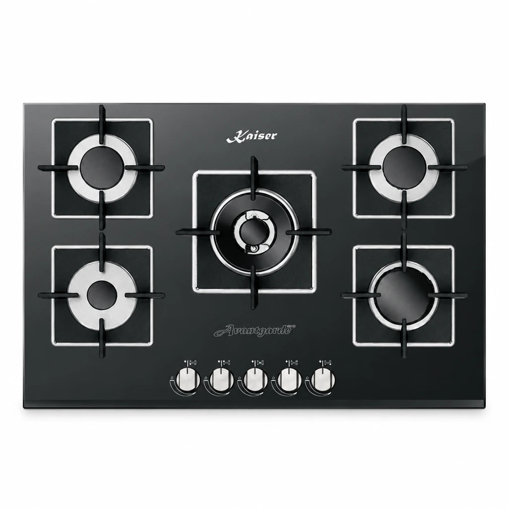 Kaiser Avantgarde Pro 77cm black glass gas hob with five burners and front-mounted knobs on a white background.