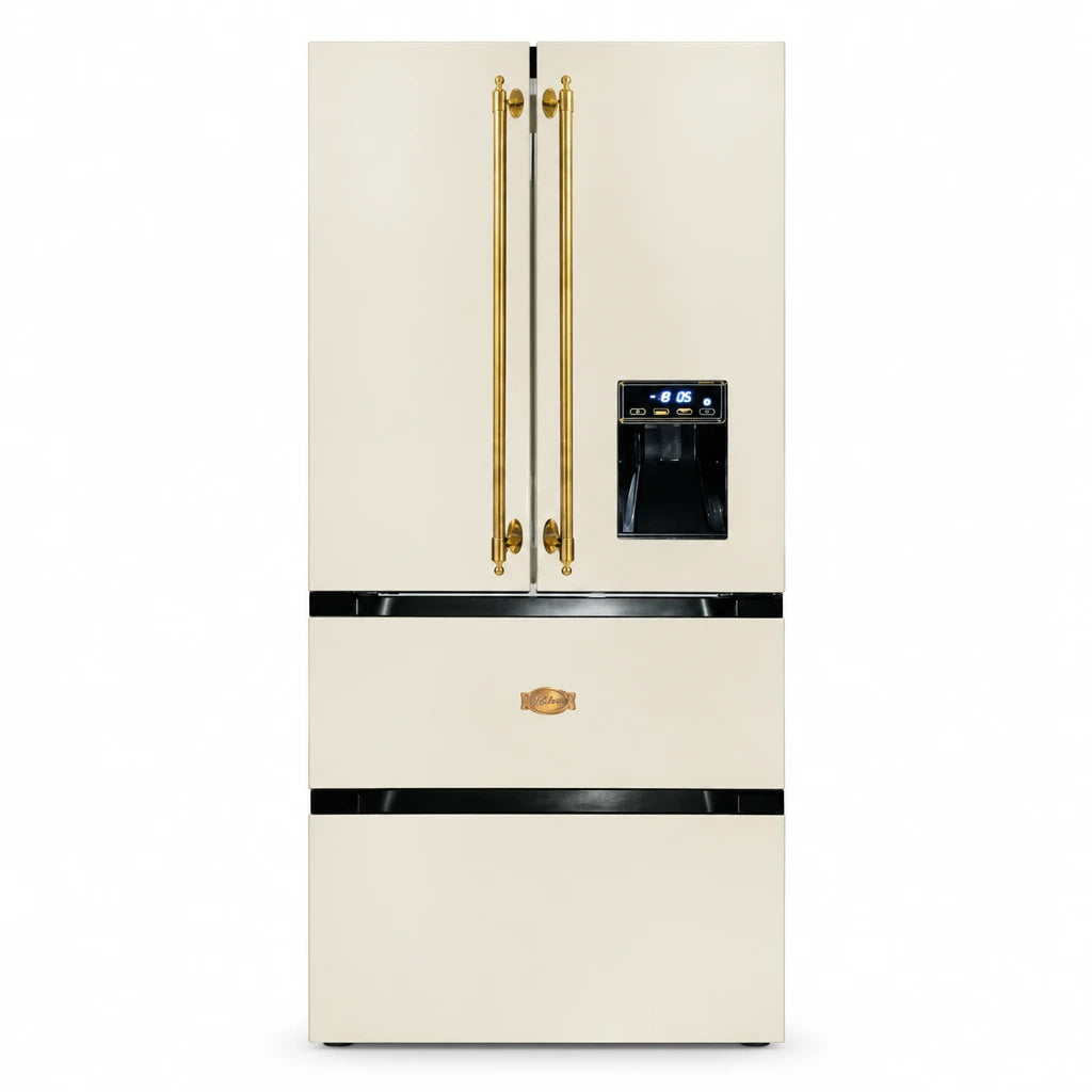 Kaiser Empire 506L ivory and black French door refrigerator freezer with gold handles and front dispenser on white background