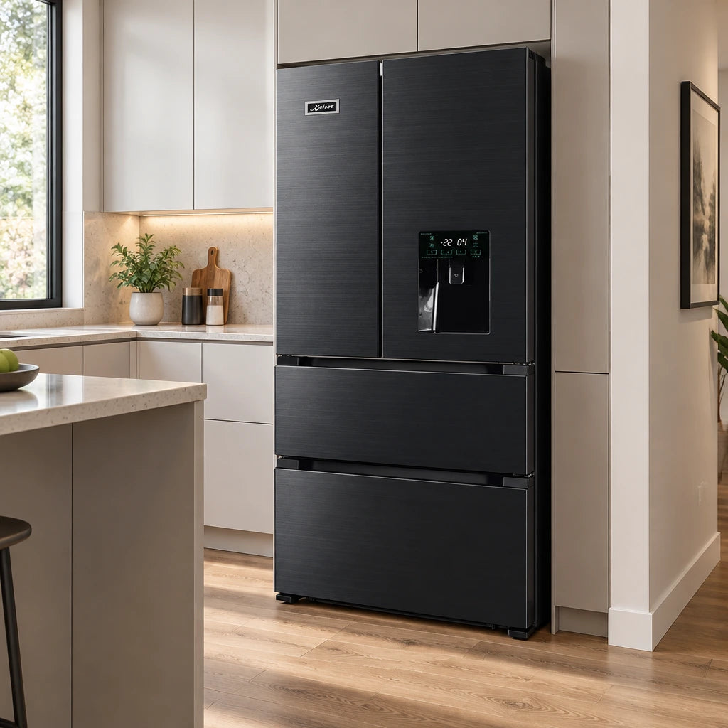 Kaiser black stainless steel French-door refrigerator standing closed in a refined contemporary kitchen.