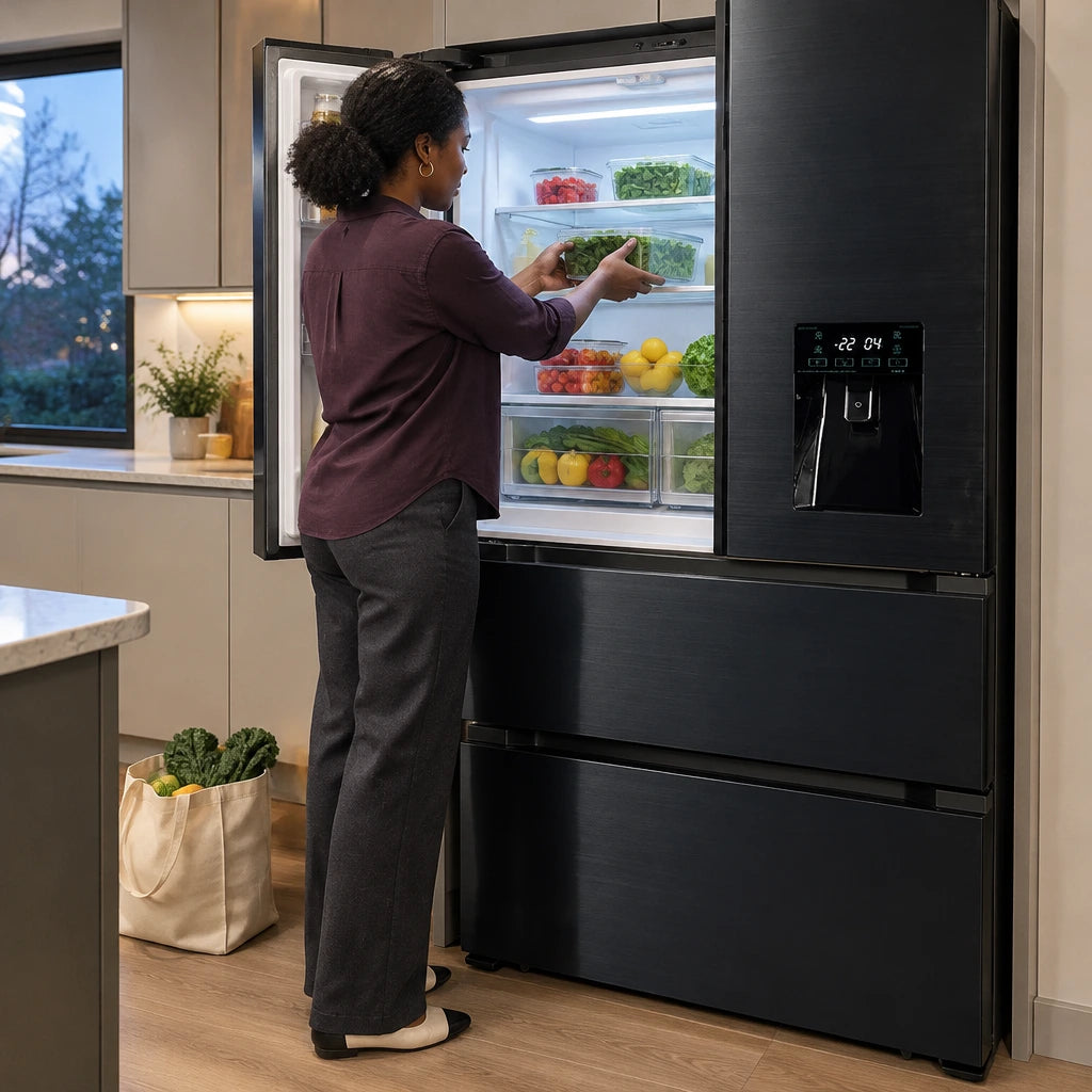 African American adult organising fresh groceries on the glass shelves of a Kaiser black stainless steel French-door refrigerator.