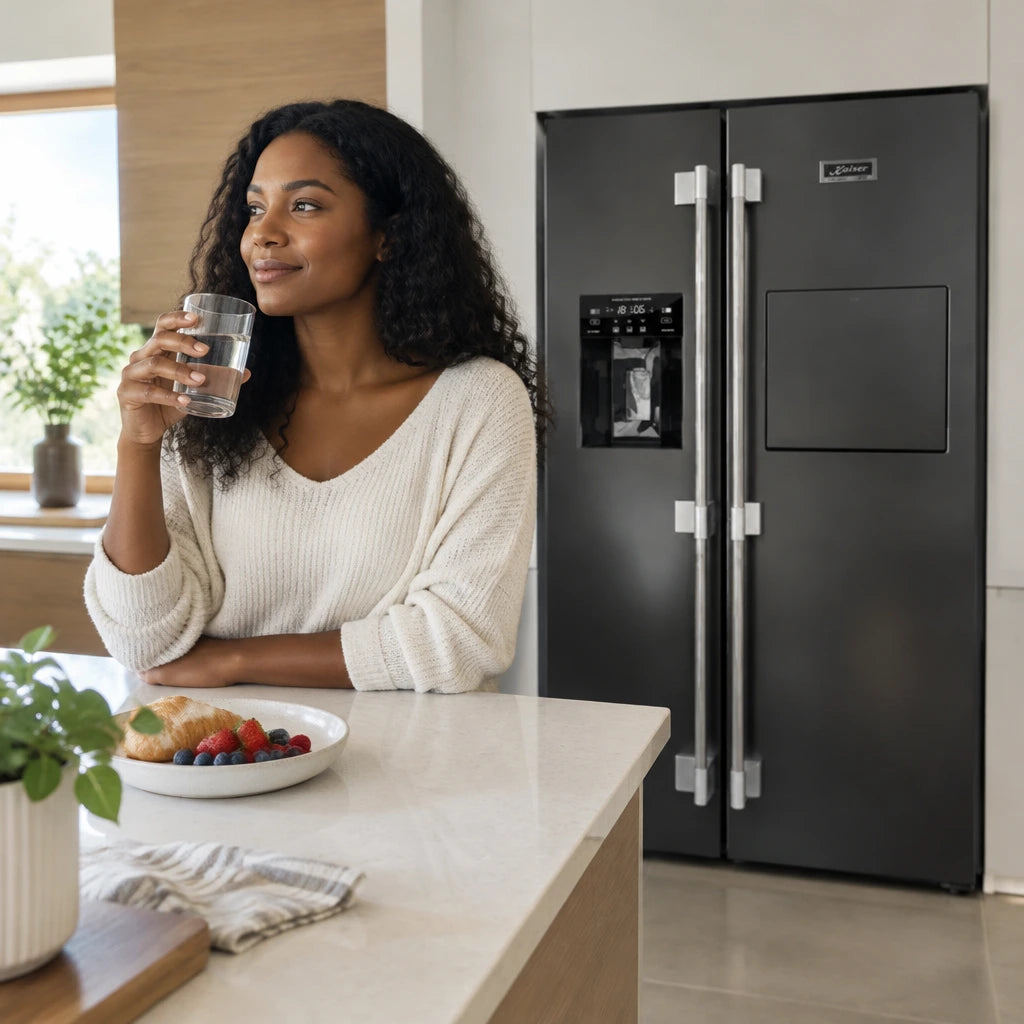 Glass of water ready beside a closed Kaiser black stainless steel refrigerator in a contemporary kitchen