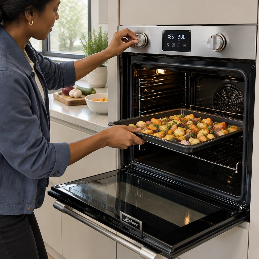 African American home cook loading seasoned vegetables into the Kaiser EH 6337 built-in electric oven for hot-air roasting.