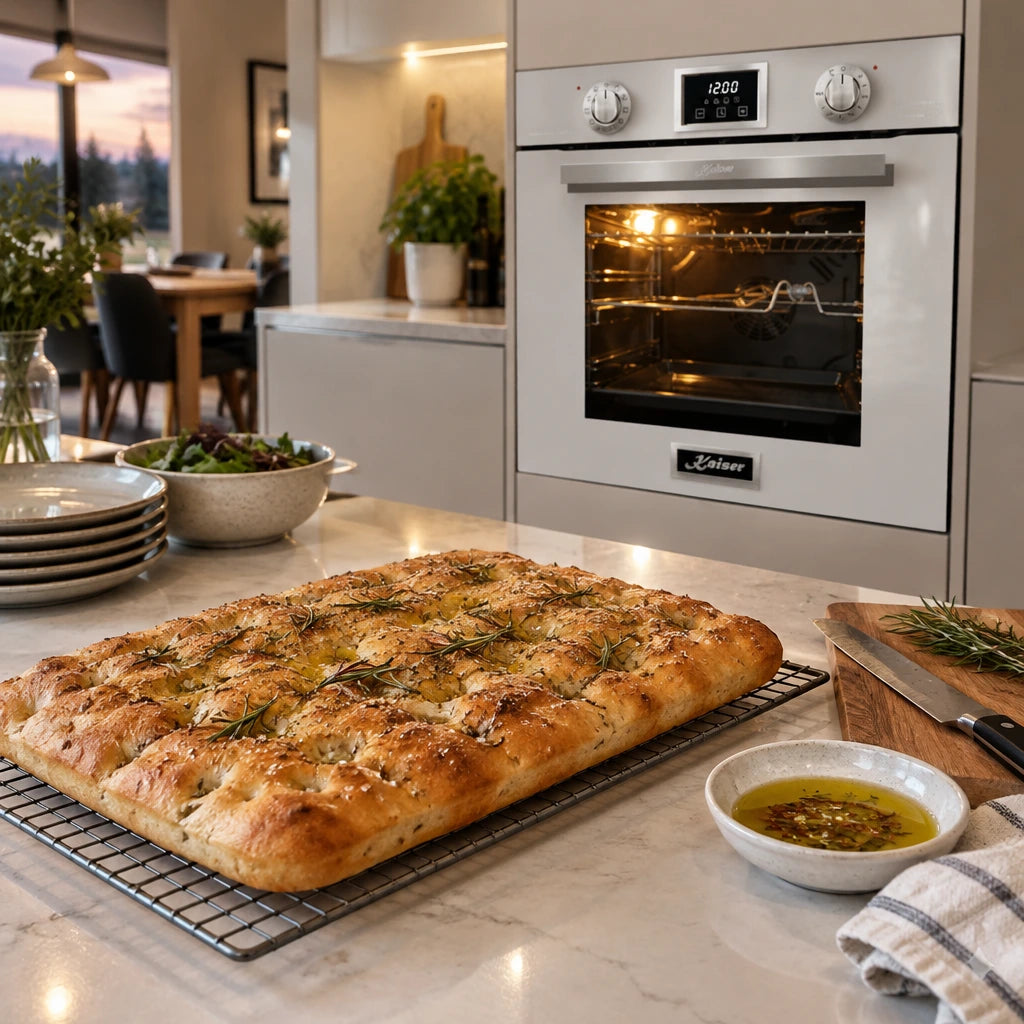 Freshly baked focaccia cooling beside the Kaiser white and black multifunction electric oven in a contemporary kitchen