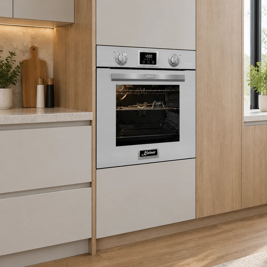 Kaiser white and black built-in electric oven installed in a refined contemporary apartment kitchen