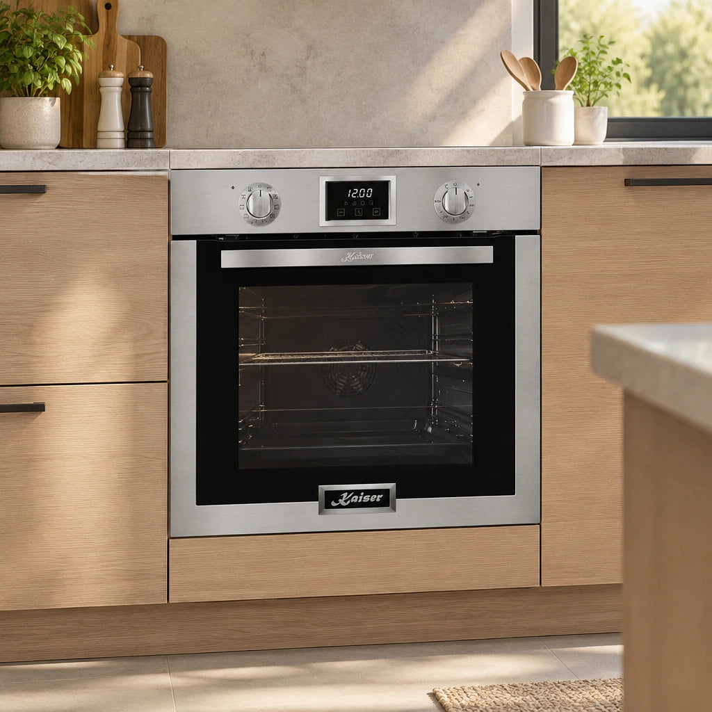 Kaiser 79L stainless steel electric oven installed in a refined contemporary residential kitchen beneath a worktop.