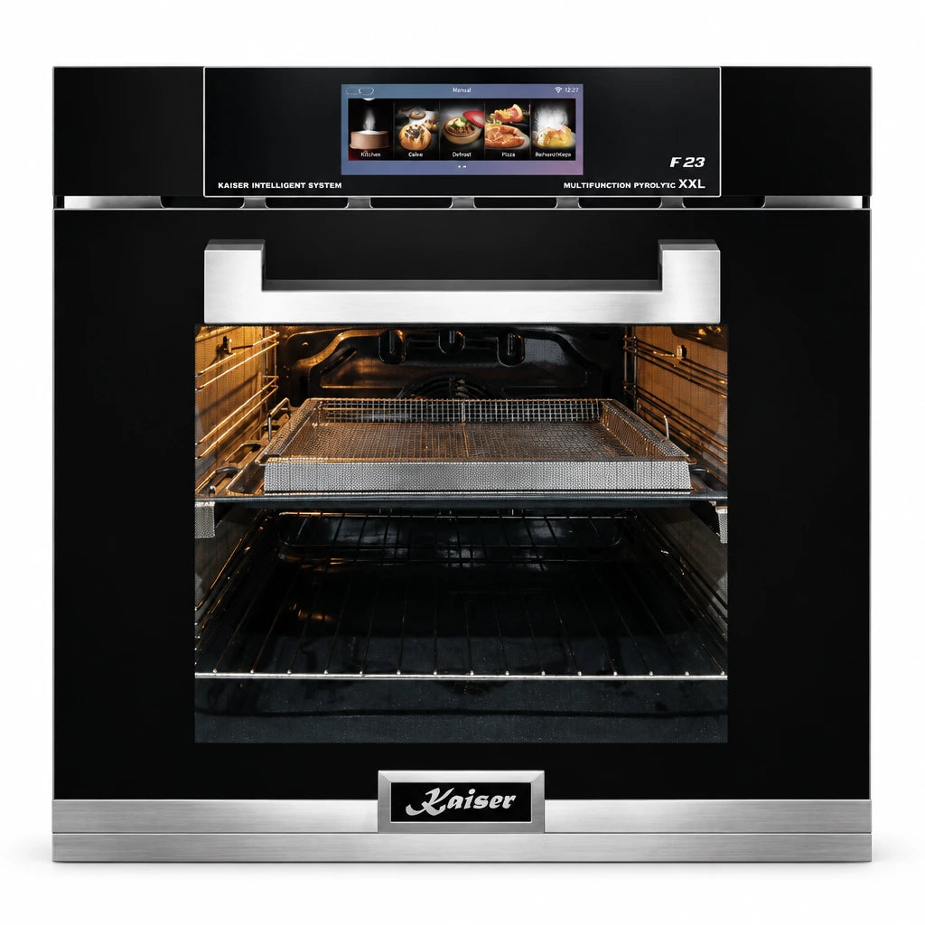 Kaiser EH 6344 79L black built-in electric oven with TFT display and metallic handle on white background