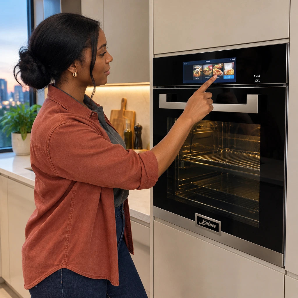 African American home cook selecting the Kaiser EH 6344 oven’s pyrolytic cleaning programme on its TFT display
