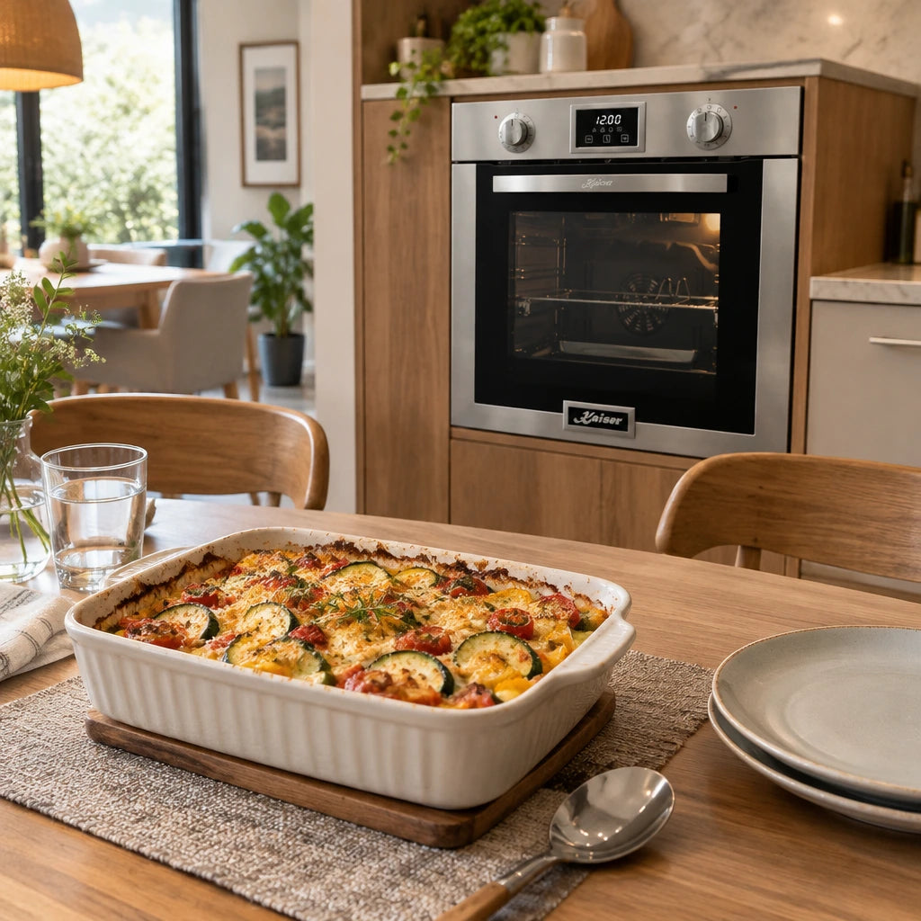 Finished vegetable-and-cheese bake ready to serve with a Kaiser built-in oven visible in the kitchen